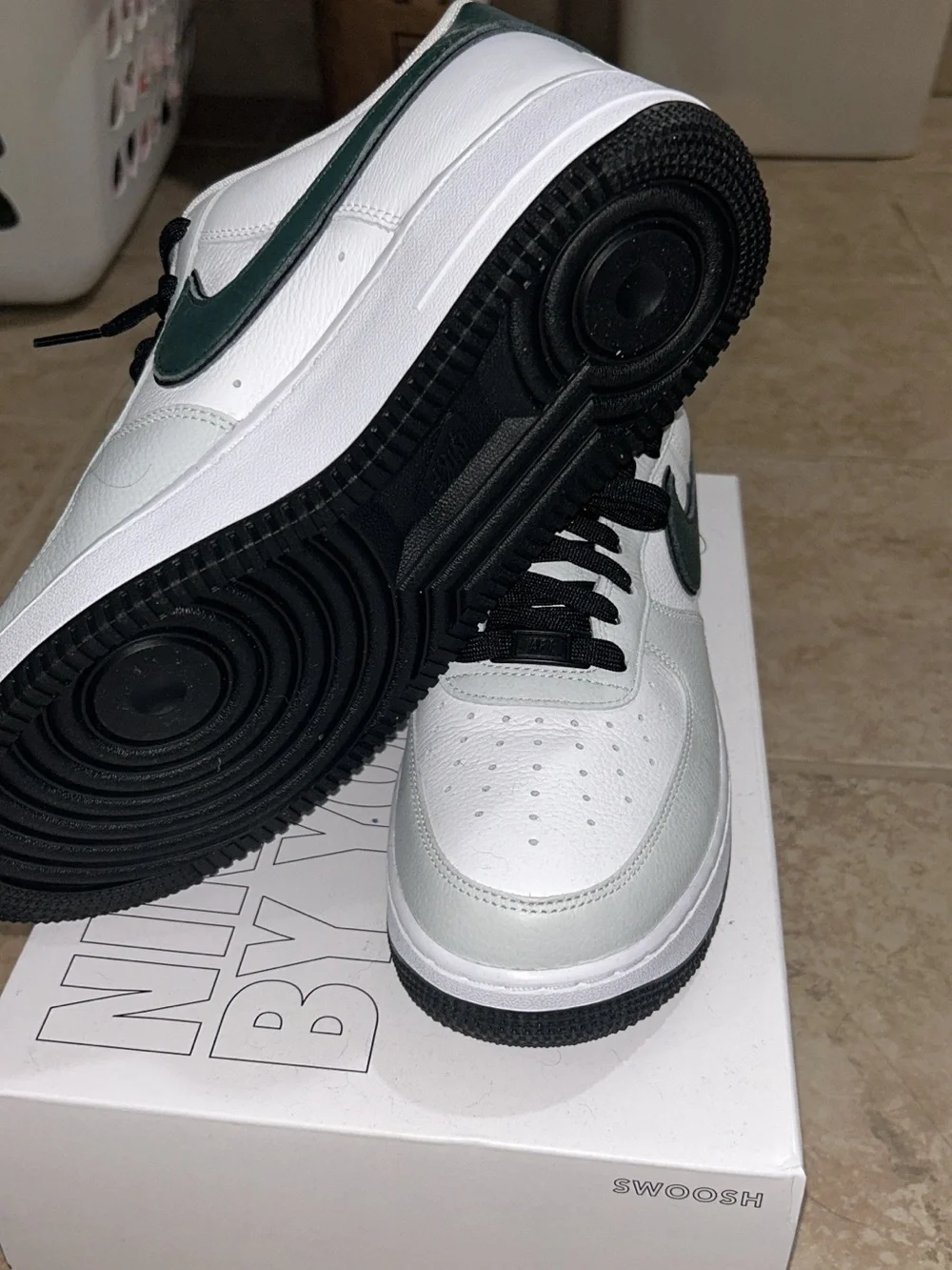 Nike Air Force 1 Low White with Black Laces and Dark Green Swoosh